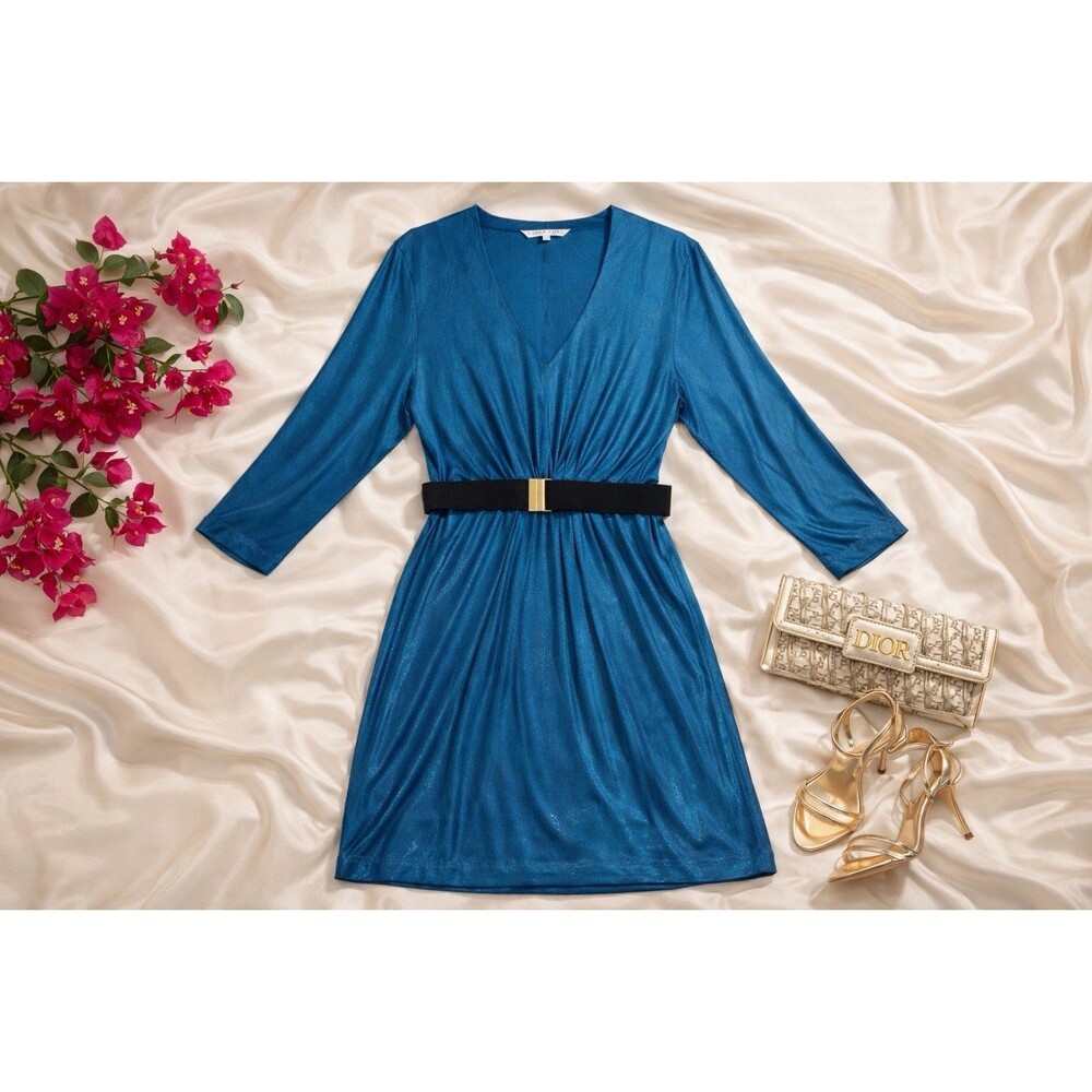 Trina Turk Silk Blend Dress 6 Cobalt Blue Belted V Neck Cocktail Resort USA